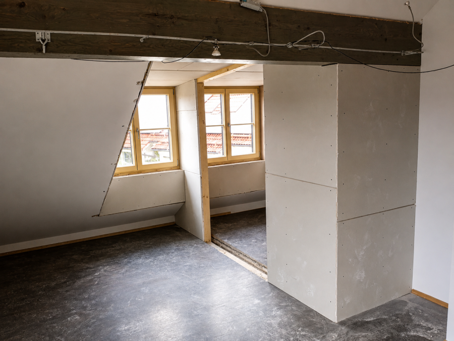 Dachgeschossausbau mit Trockenbau, sichtbarem Holzbalken und neuen Fenstern