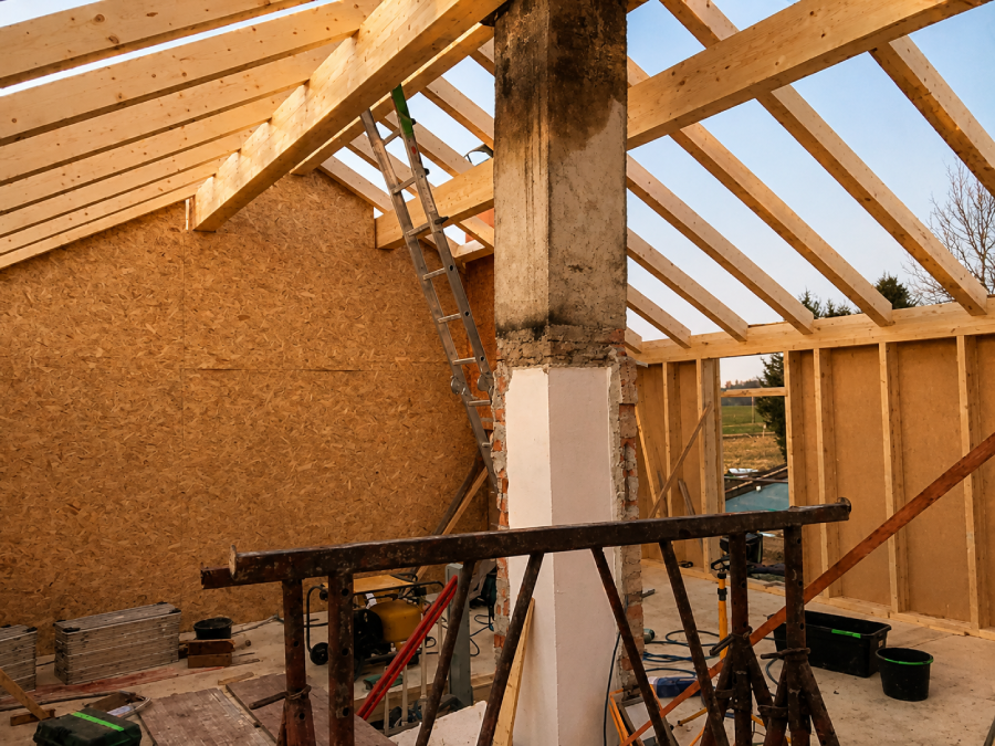 Dachstuhl im Holzrahmenbau während der Montage durch Holzbau Bosch
